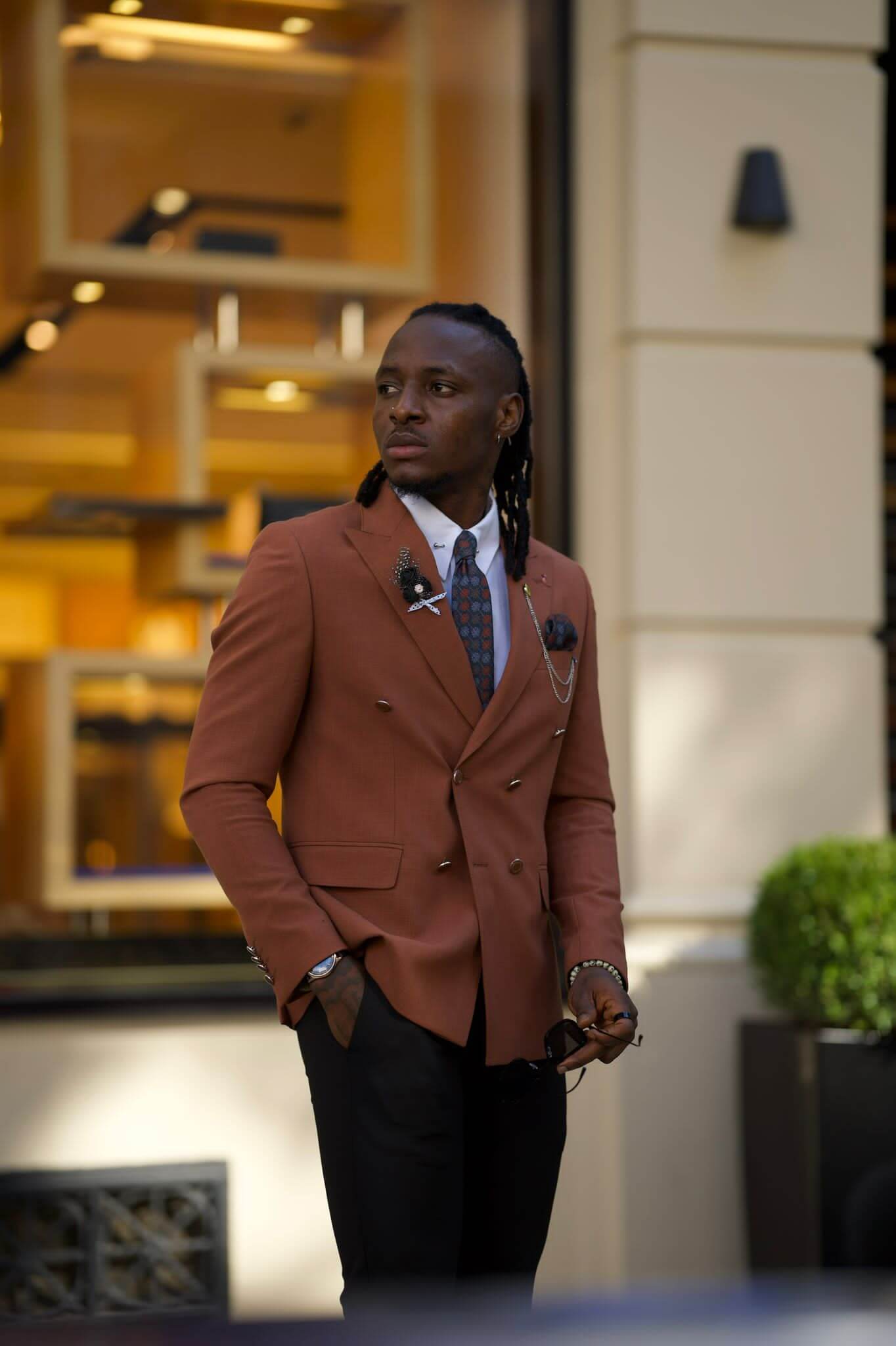 Camel double-breasted blazer with a tailored fit