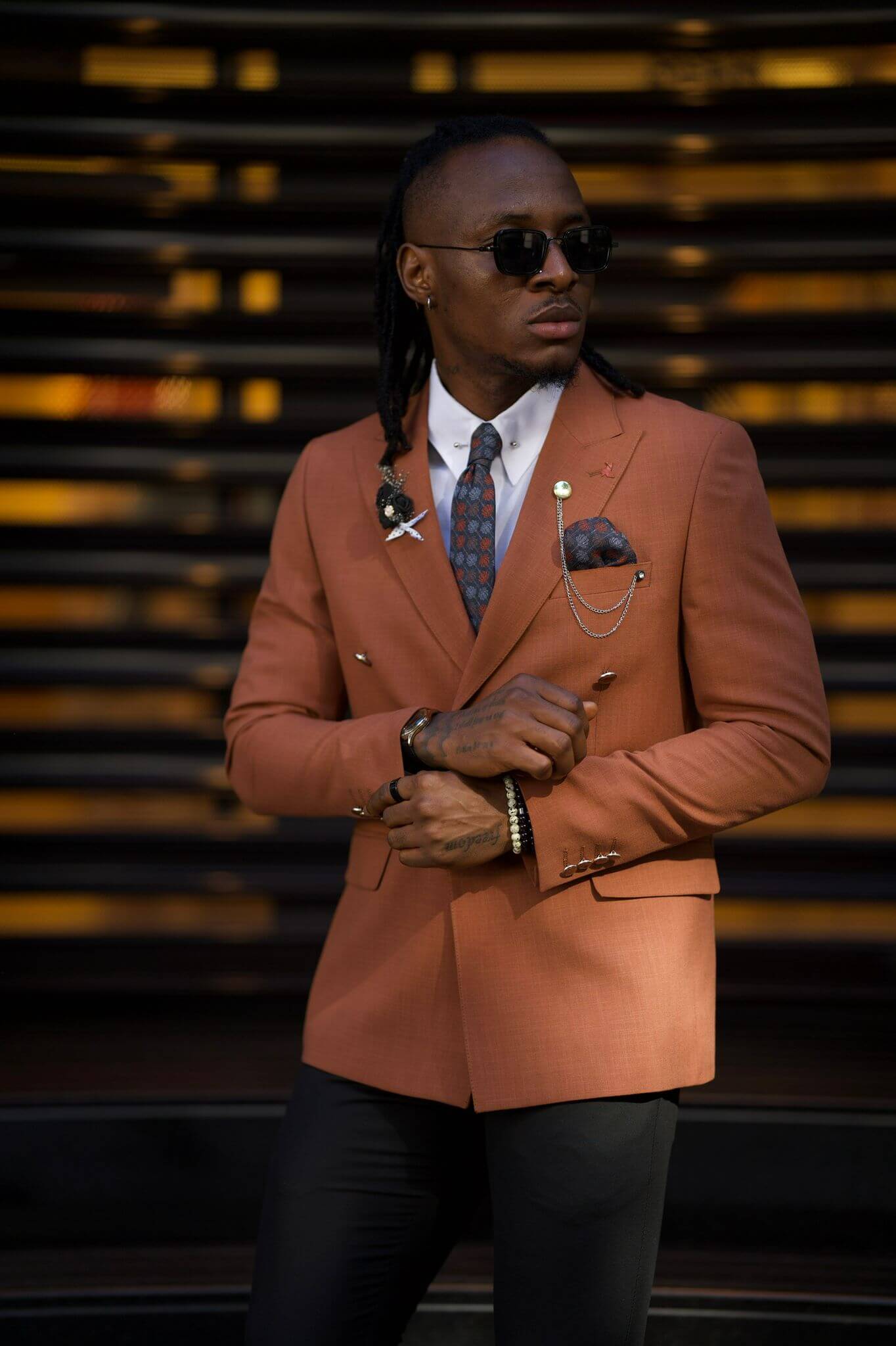 Camel double-breasted blazer with a tailored fit