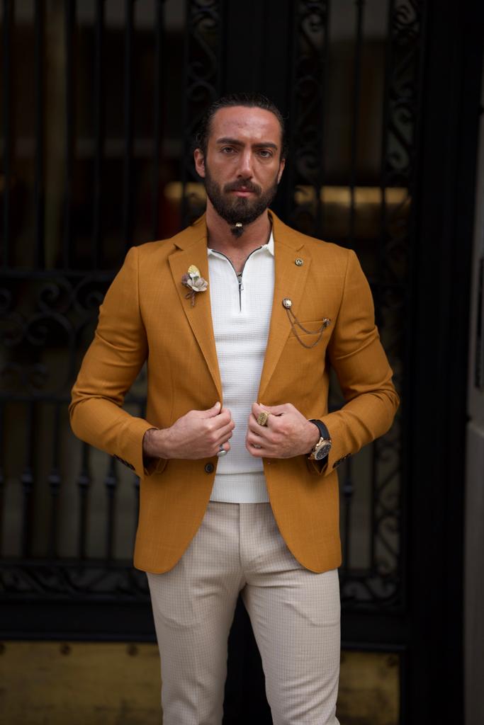 A  camel-colored jacket with a dapper desig