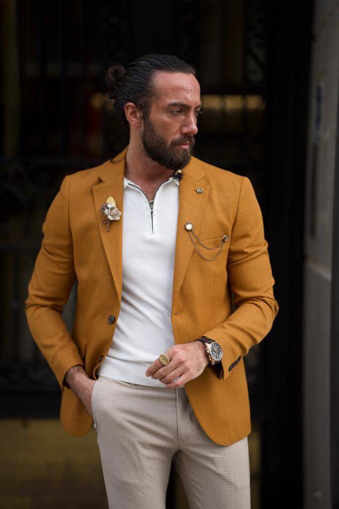 A  camel-colored jacket with a dapper desig