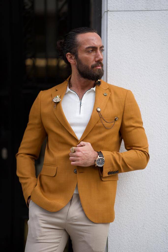 A  camel-colored jacket with a dapper desig