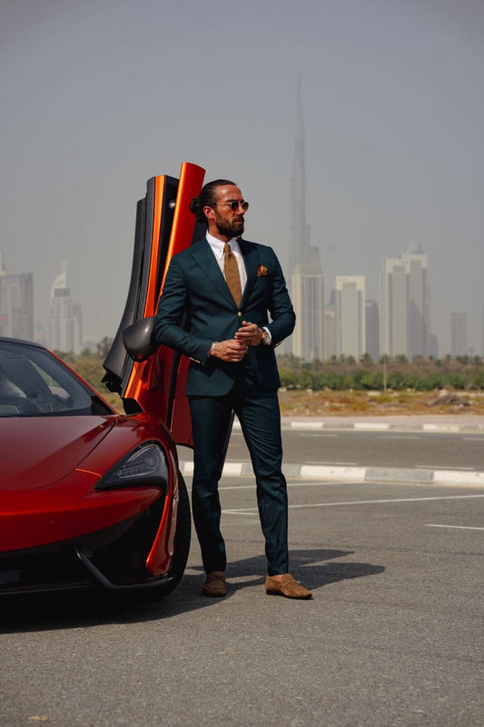 A Green Detailed Suit on display.