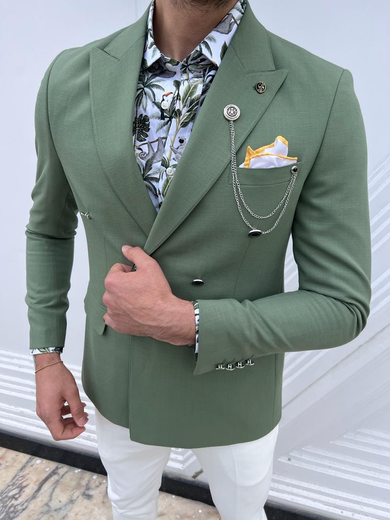 A Green Double Breasted Blazer on display at HolloMen