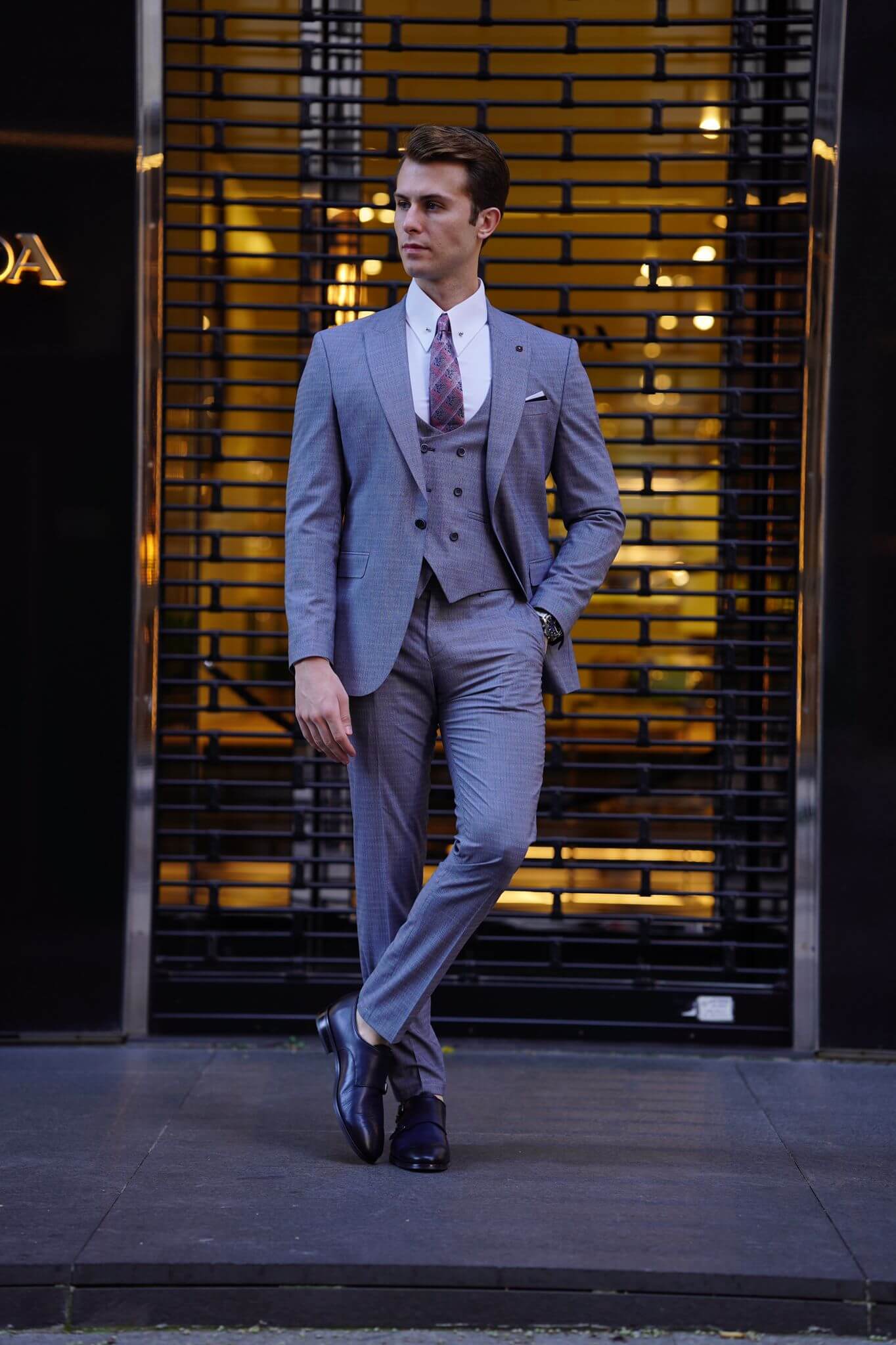 A Gray Wool Suit on display.