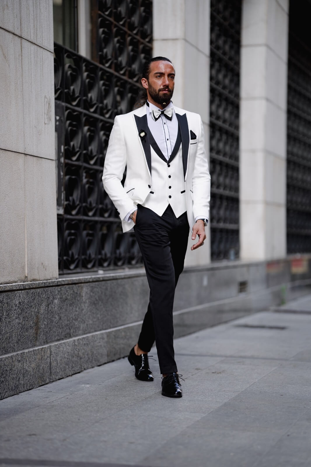 A Satin Collar Special Design Tuxedo Suit on display.
