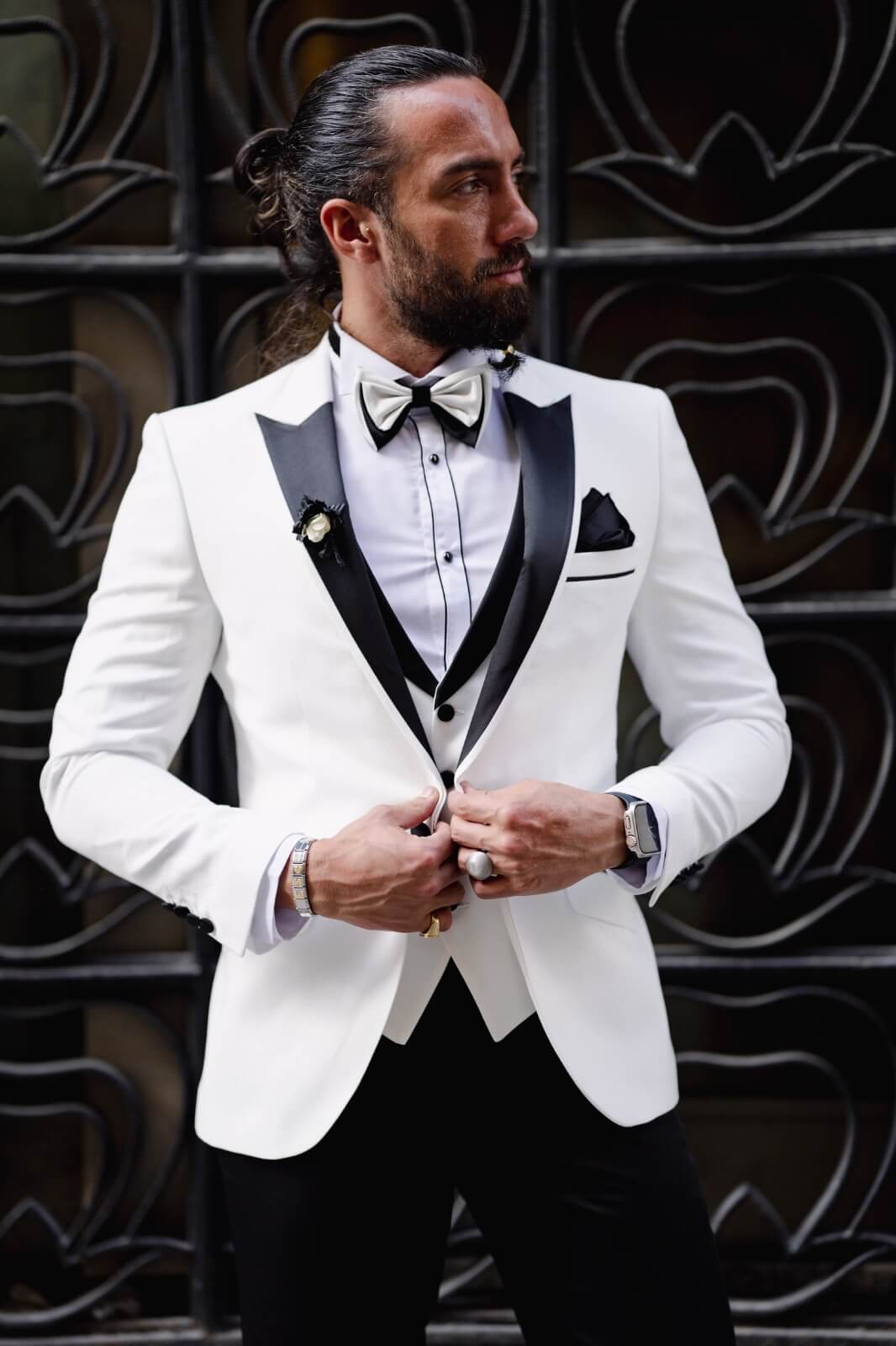 A Satin Collar Special Design Tuxedo Suit on display.