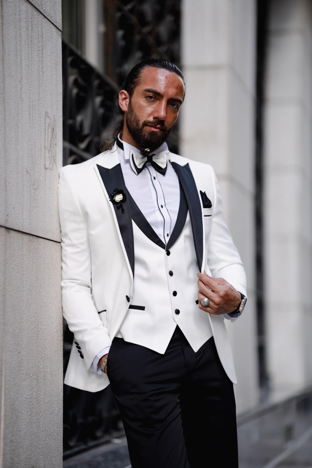 A Satin Collar Special Design Tuxedo Suit on display.