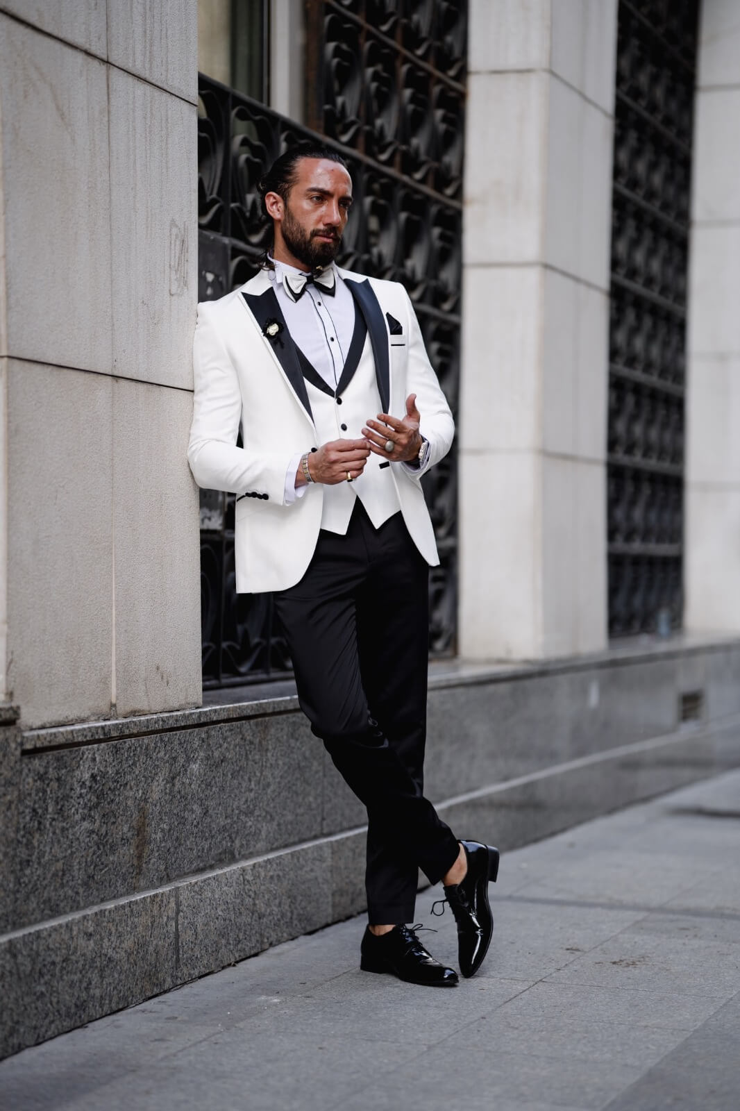 A Satin Collar Special Design Tuxedo Suit on display.