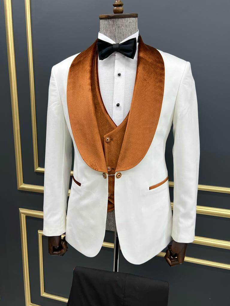 White & Orange Velvet Collar Tuxedo