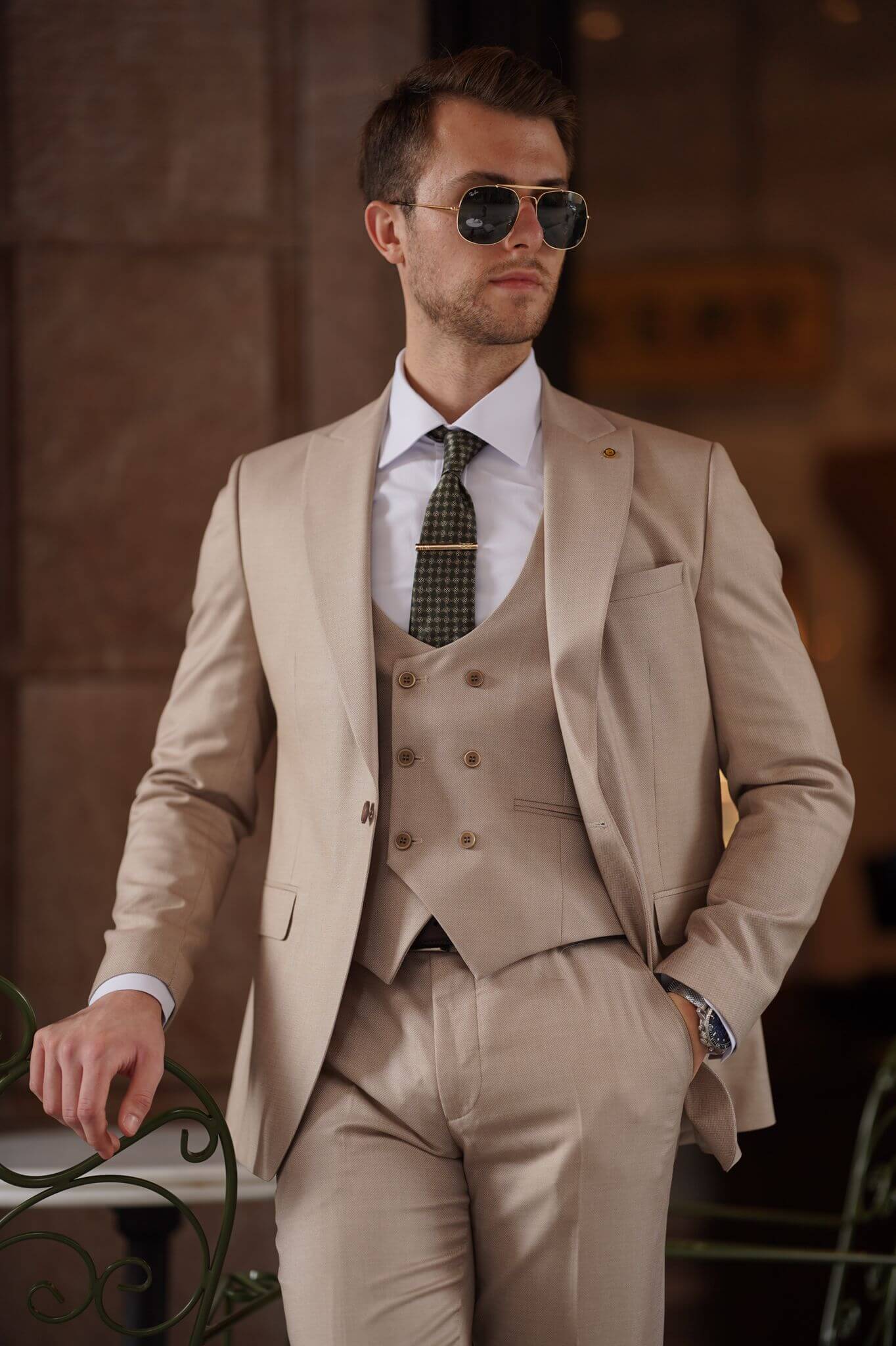 A Slim-Fit Beige Wool Suit on display.