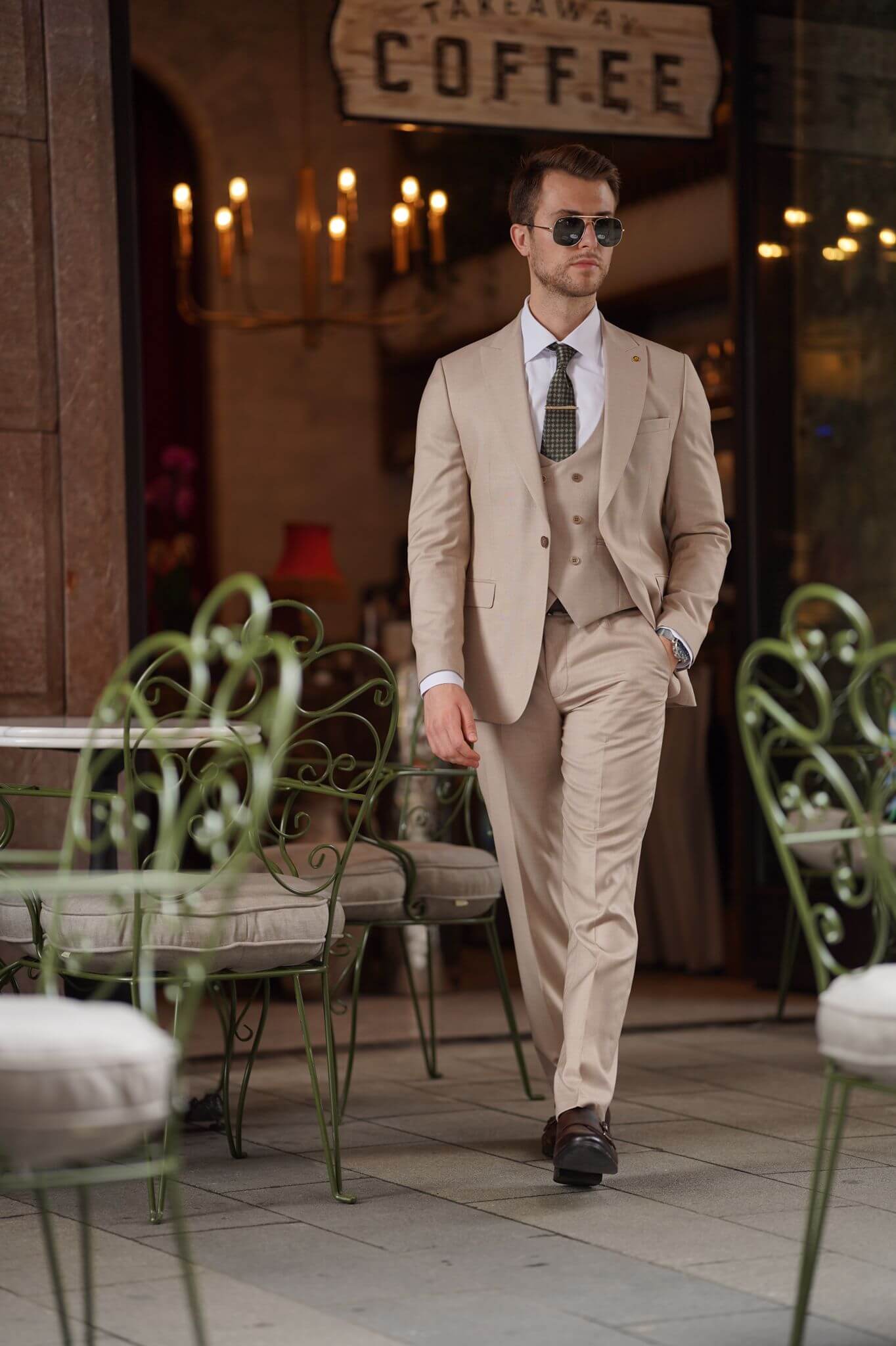 A Slim-Fit Beige Wool Suit on display.