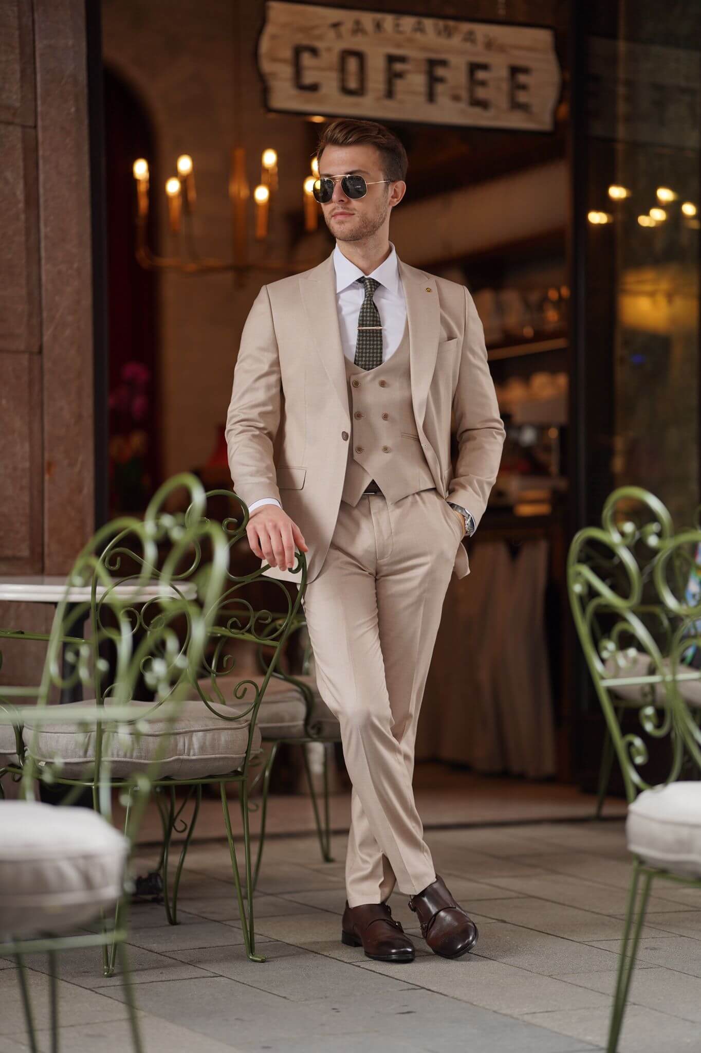 A Slim-Fit Beige Wool Suit on display.