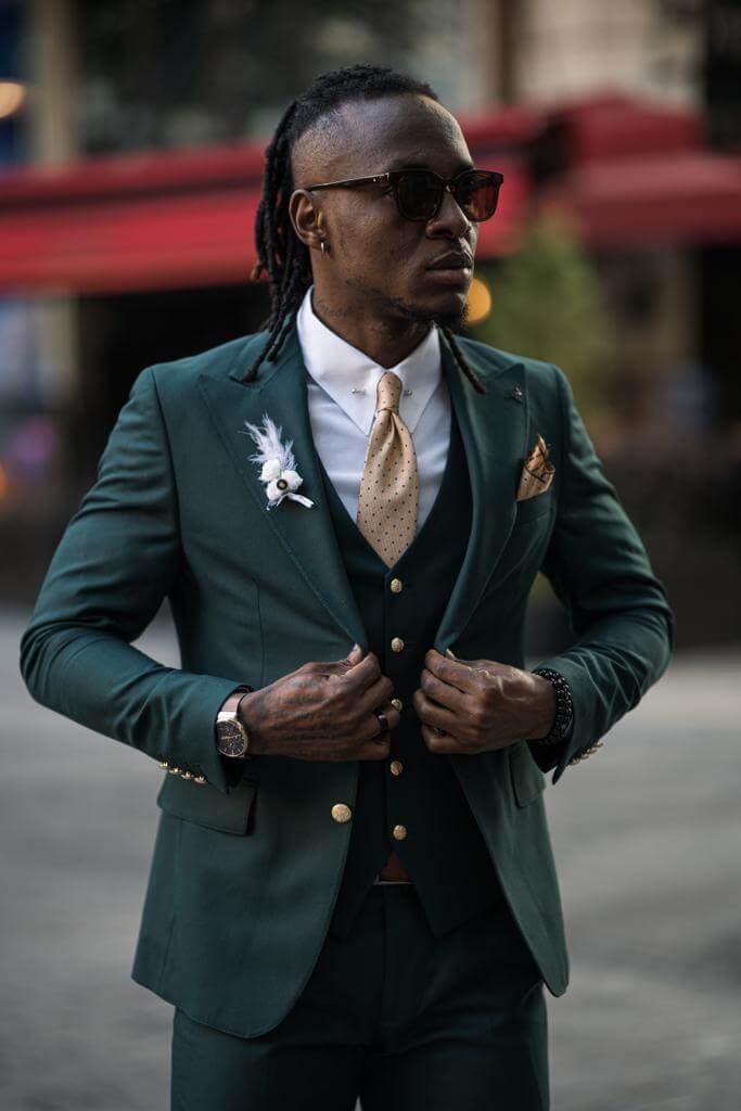 Emerald green slim fit suit.