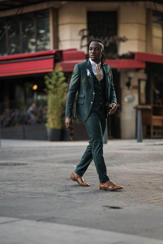 Emerald green slim fit suit.