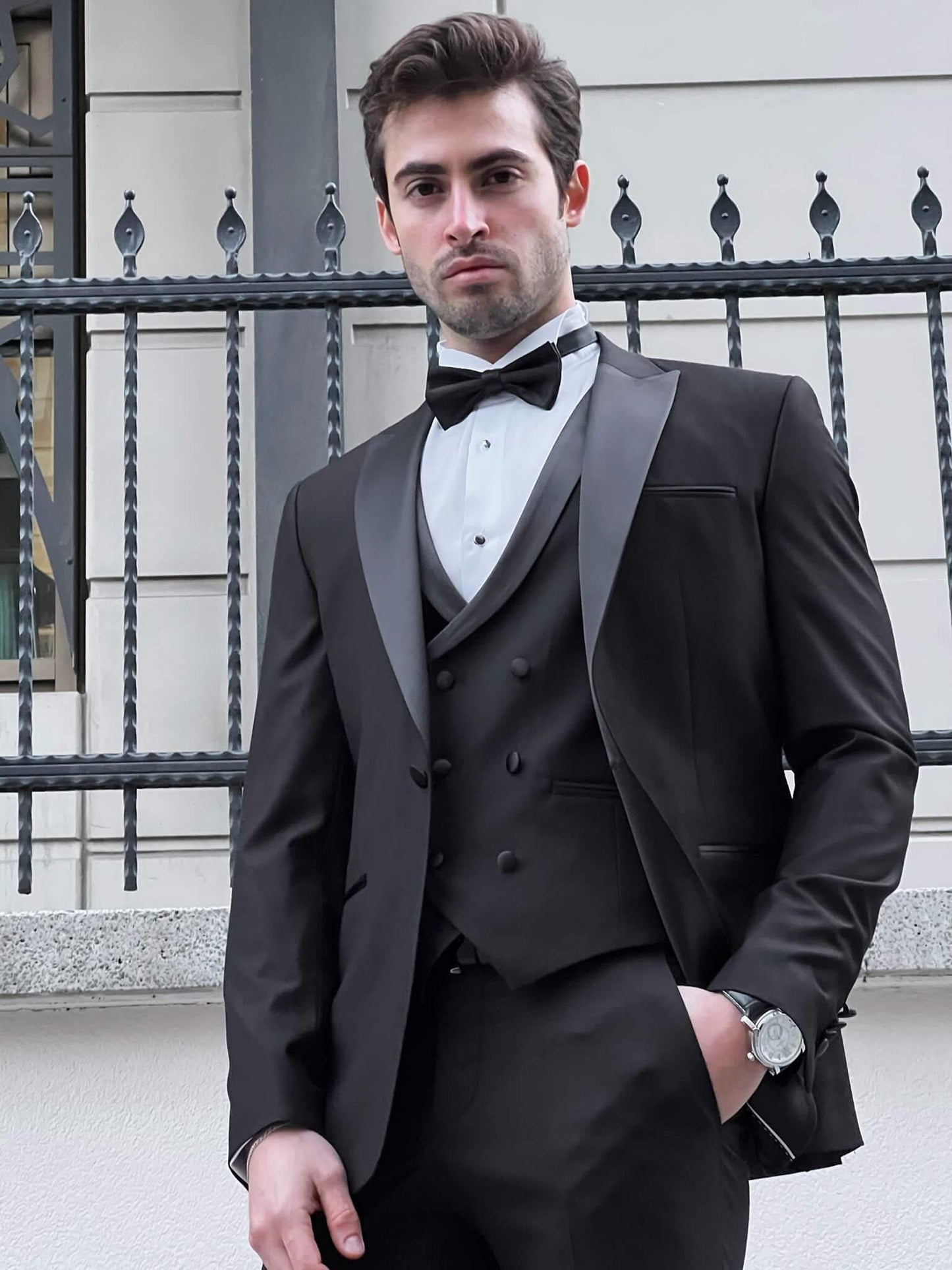 Black Wool Blend Tuxedo Suit.