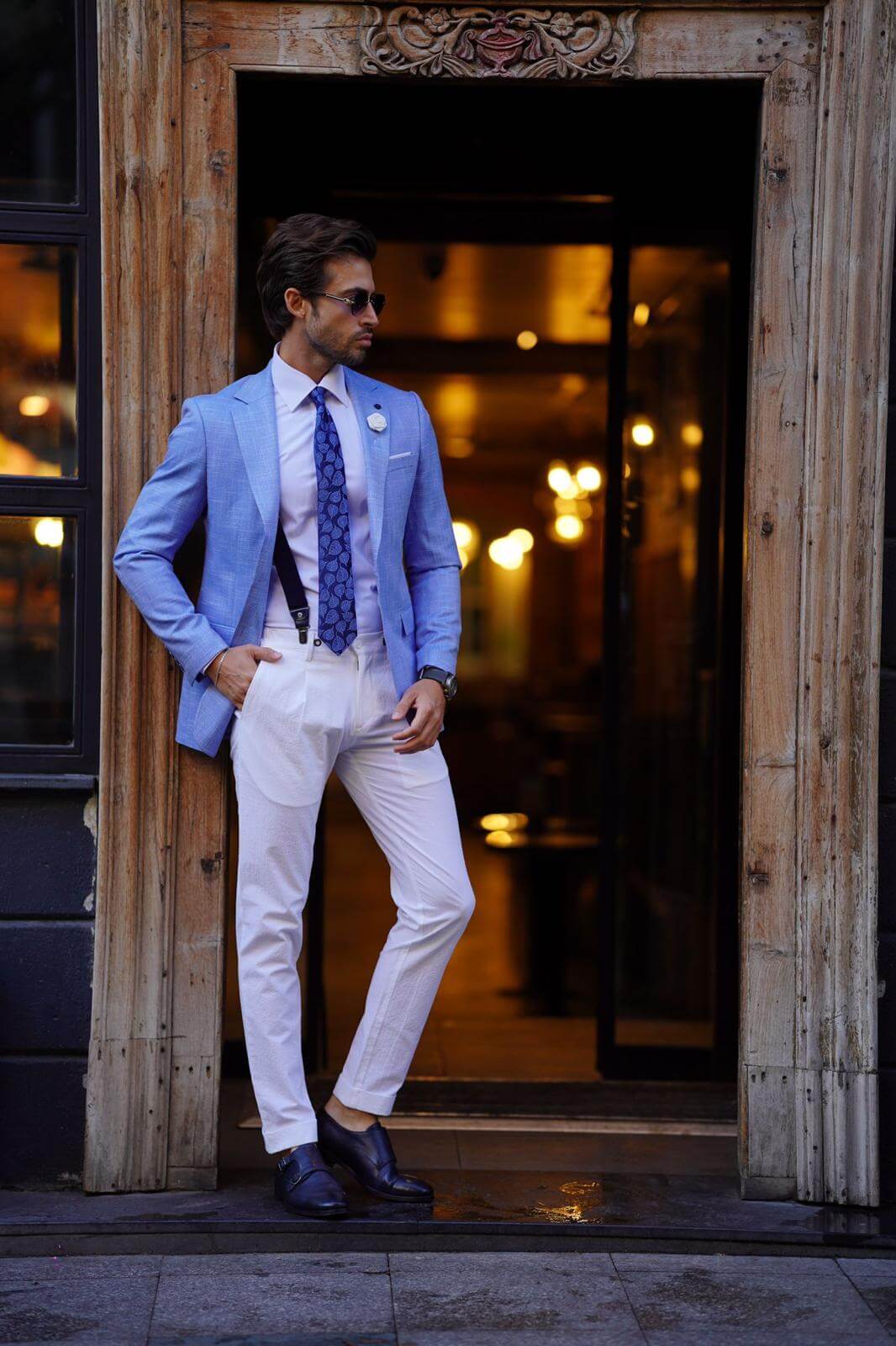 A Mono Collar Linen Blue Jacket on display.