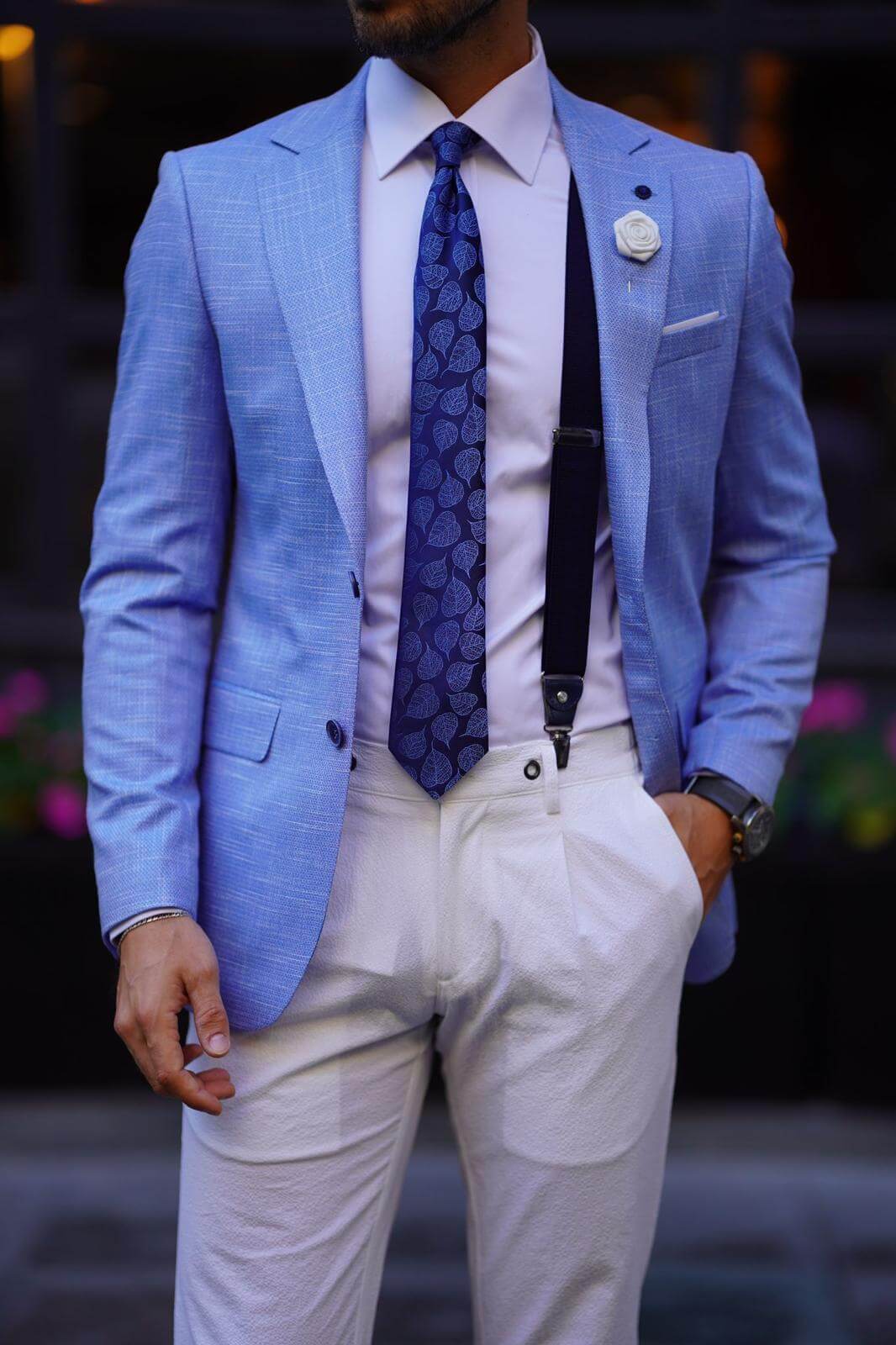 A Mono Collar Linen Blue Jacket on display.