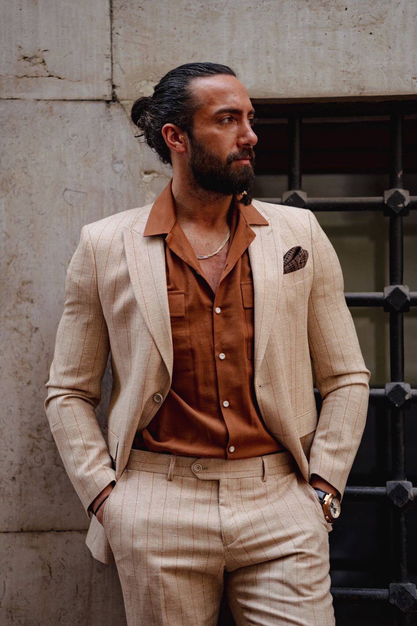 Men's beige linen suit with stripes