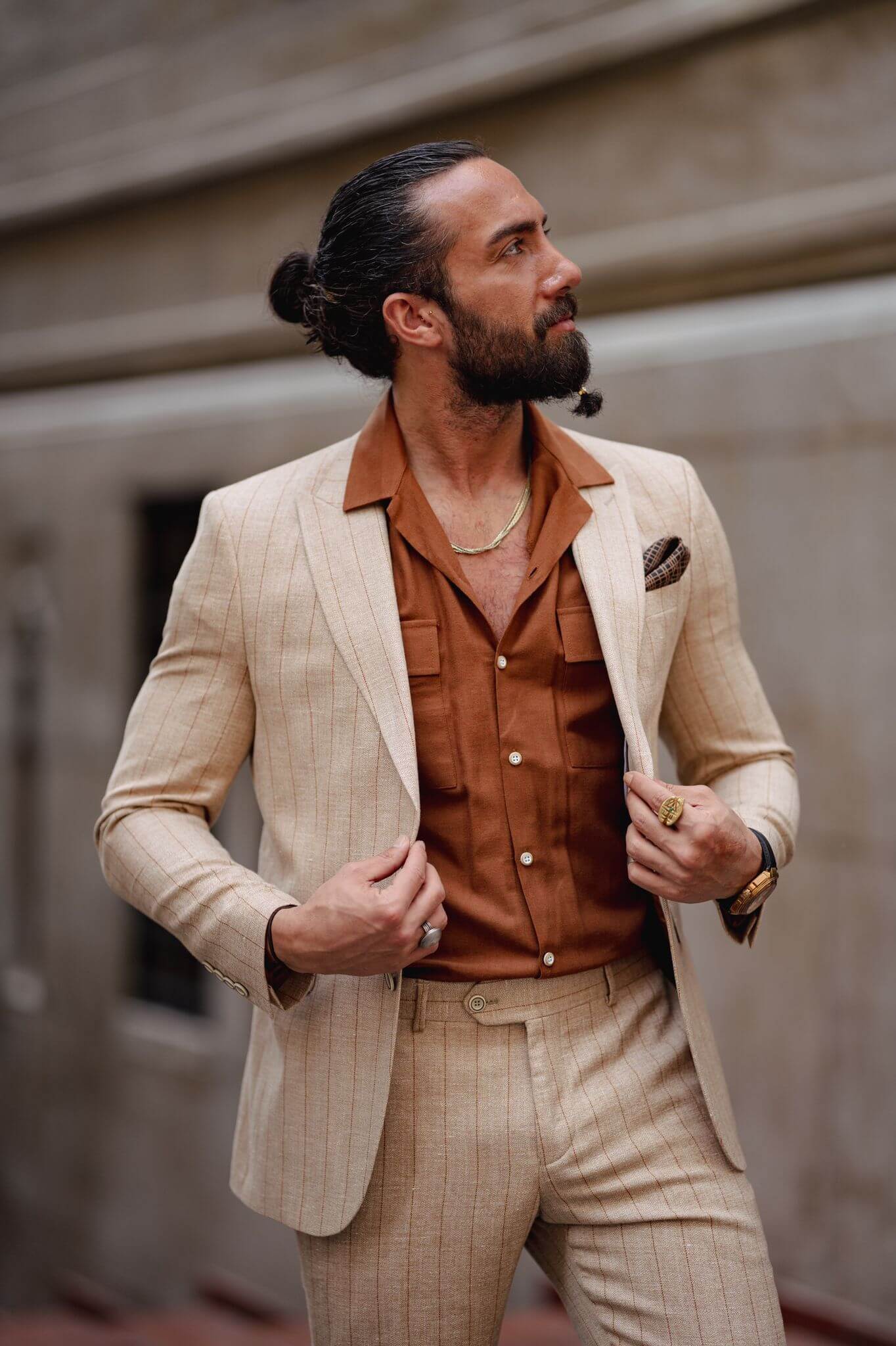 Men's beige linen suit with stripes