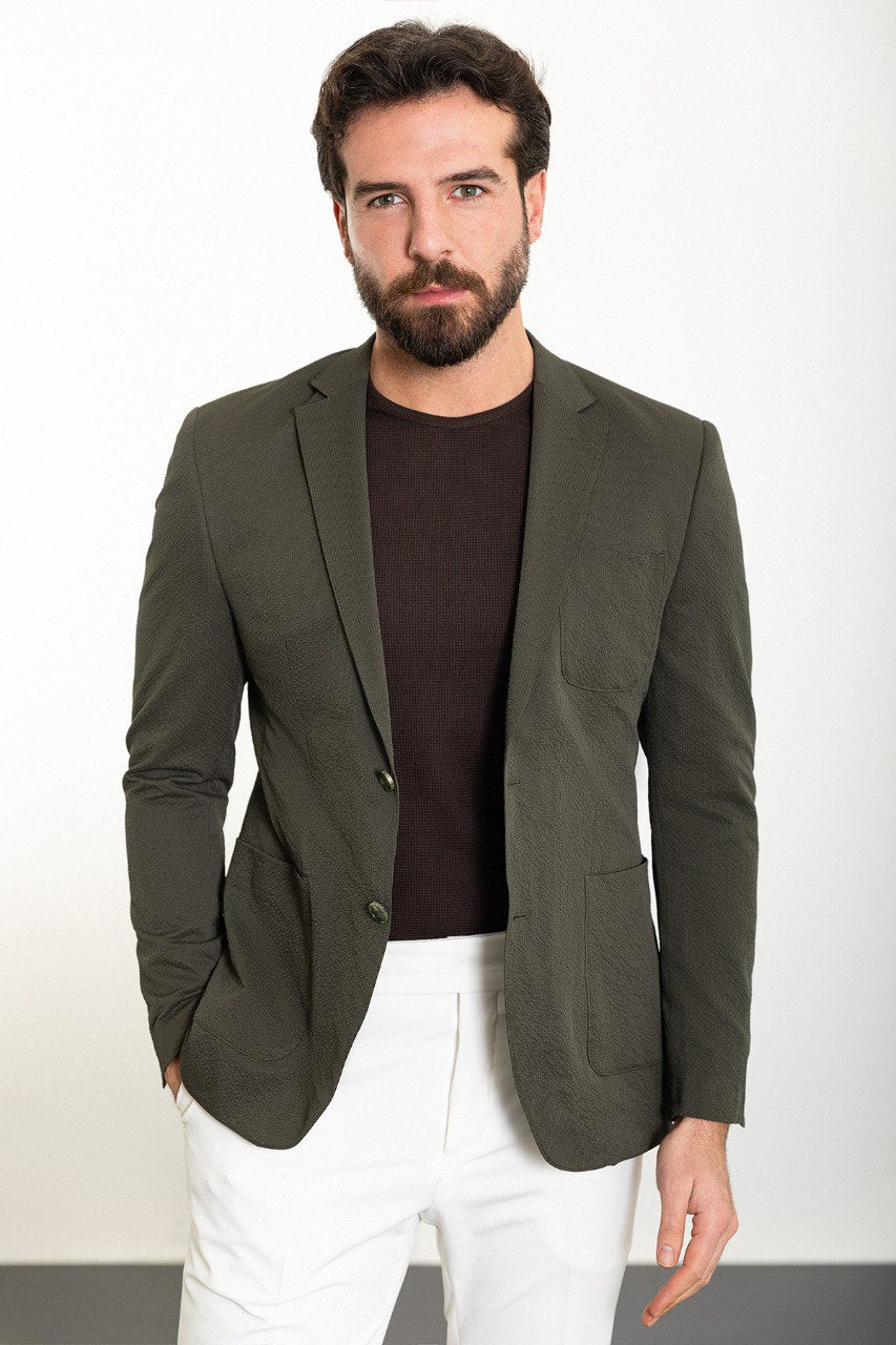 Olive Grove Seersucker Slim Fit Blazer