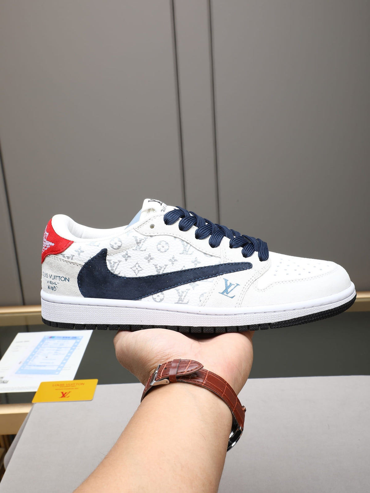 Air Jordan 1 Low Travis Scott x Fragment Louis Vuitton White & Navy Monogram Sneakers
