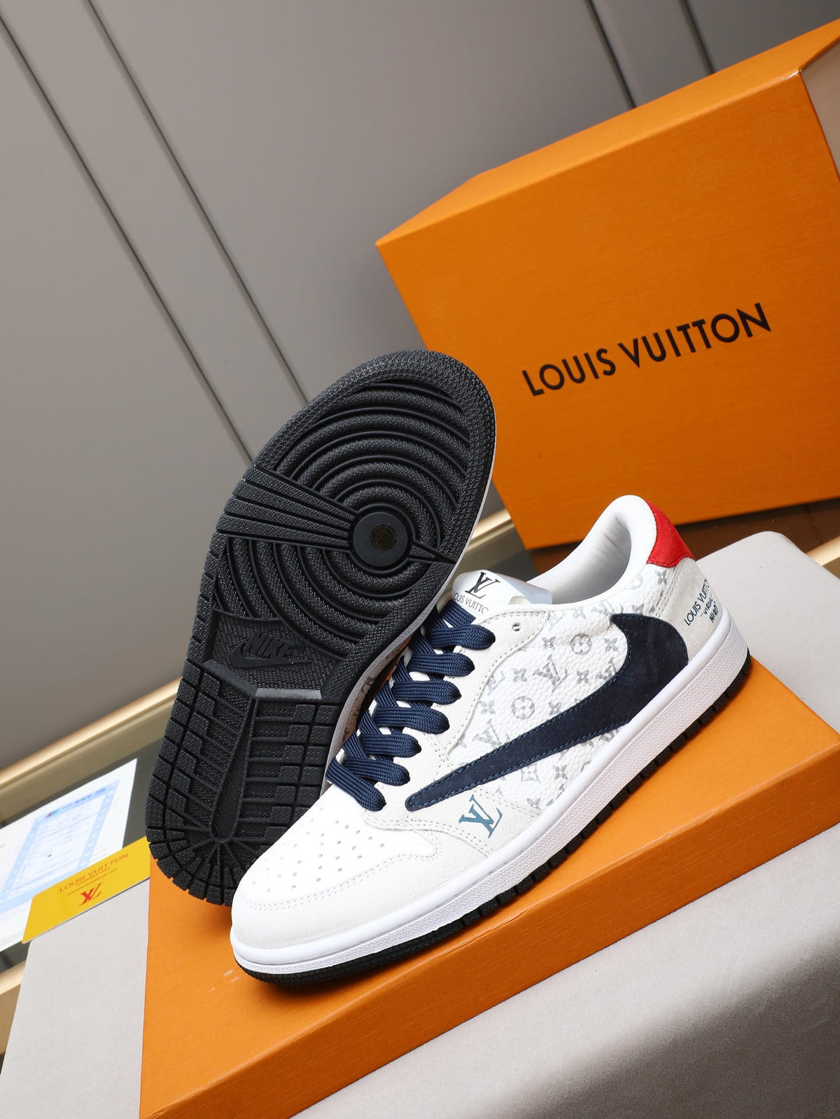Air Jordan 1 Low Travis Scott x Fragment Louis Vuitton White & Navy Monogram Sneakers