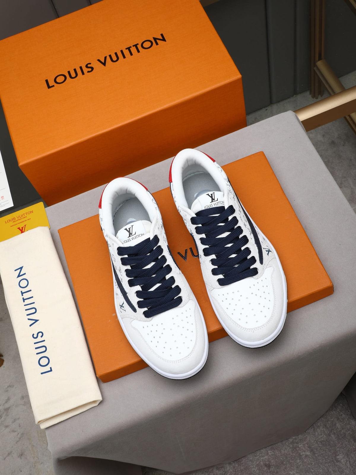 Air Jordan 1 Low Travis Scott x Fragment Louis Vuitton White & Navy Monogram Sneakers