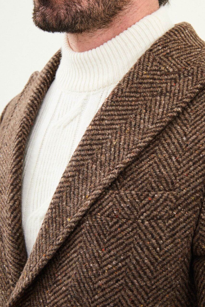 Beige Herringbone Wool Blend Overcoat