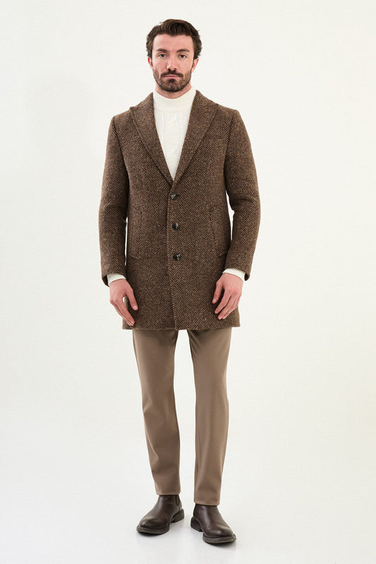 Beige Herringbone Wool Blend Overcoat