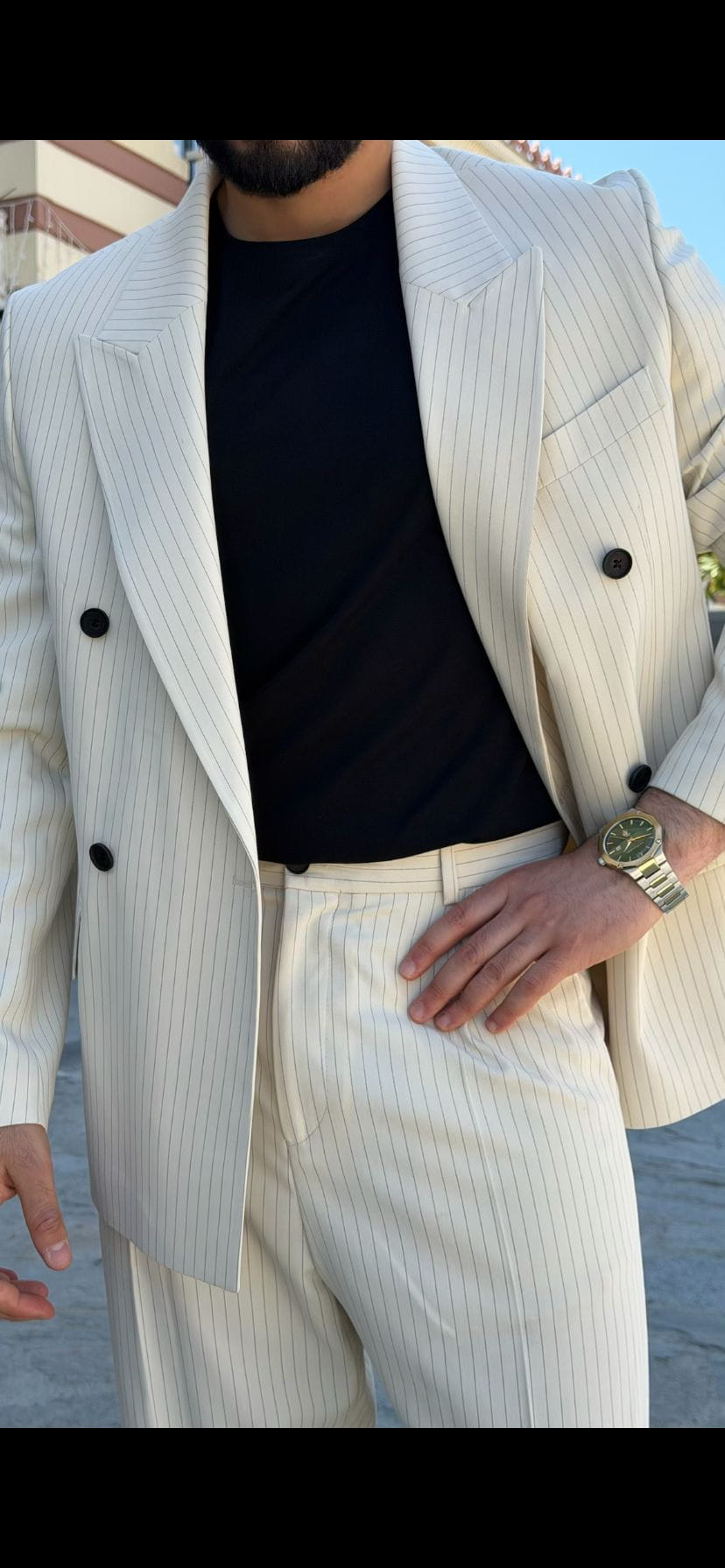 Beige Pinstripe Double Breasted Suit for Men