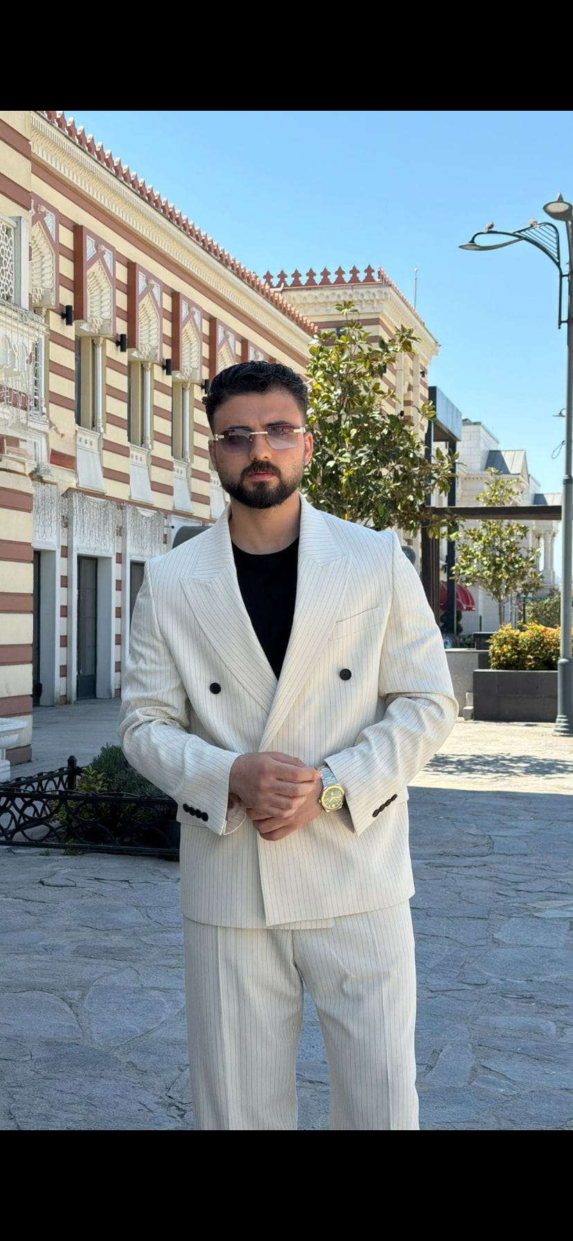 Beige Pinstripe Double Breasted Suit for Men