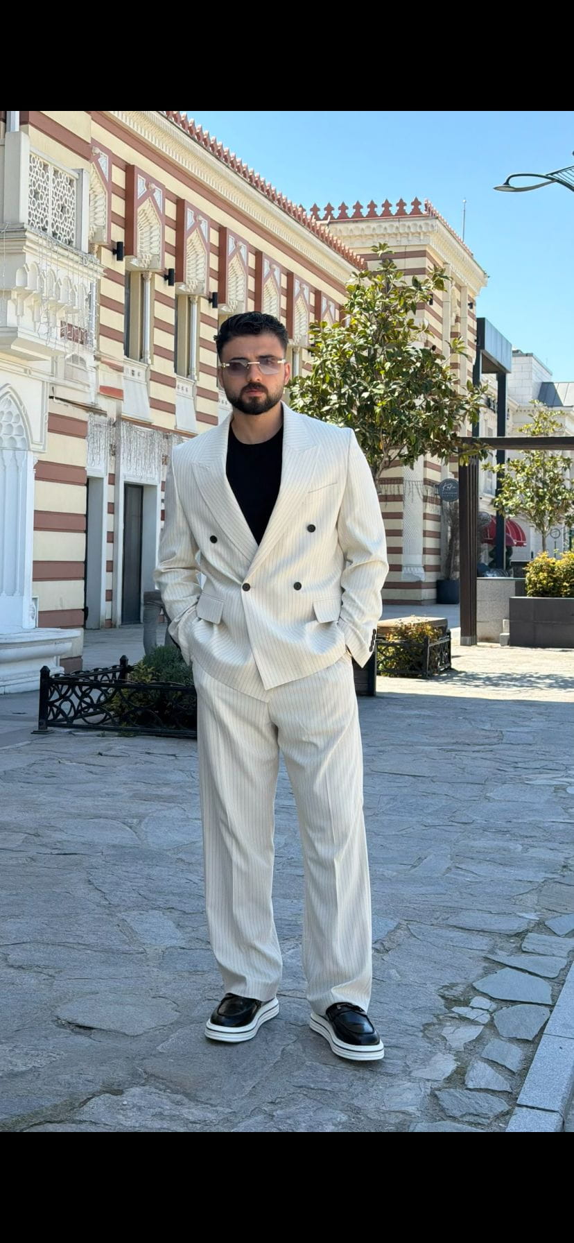 Beige Pinstripe Double Breasted Suit for Men