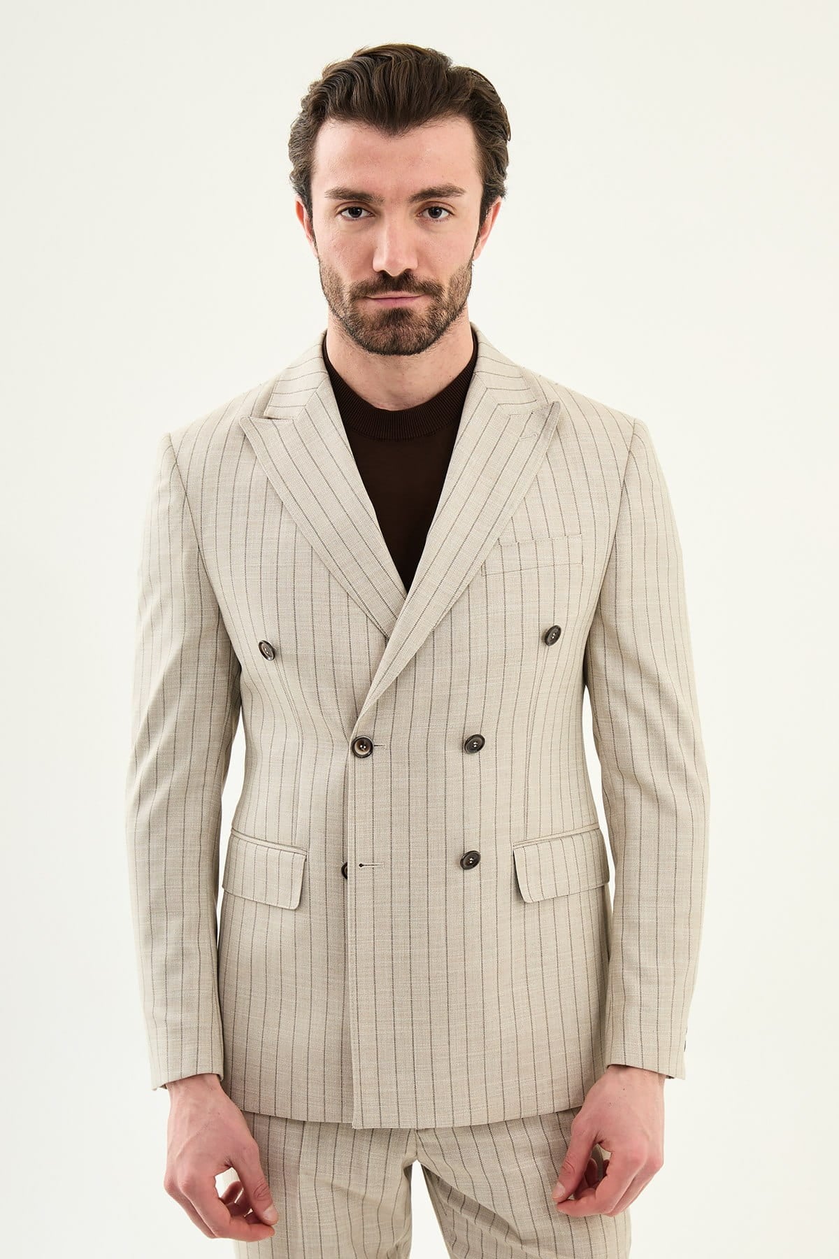 Beige Slim Fit Double Breasted Pinstripe Blazer