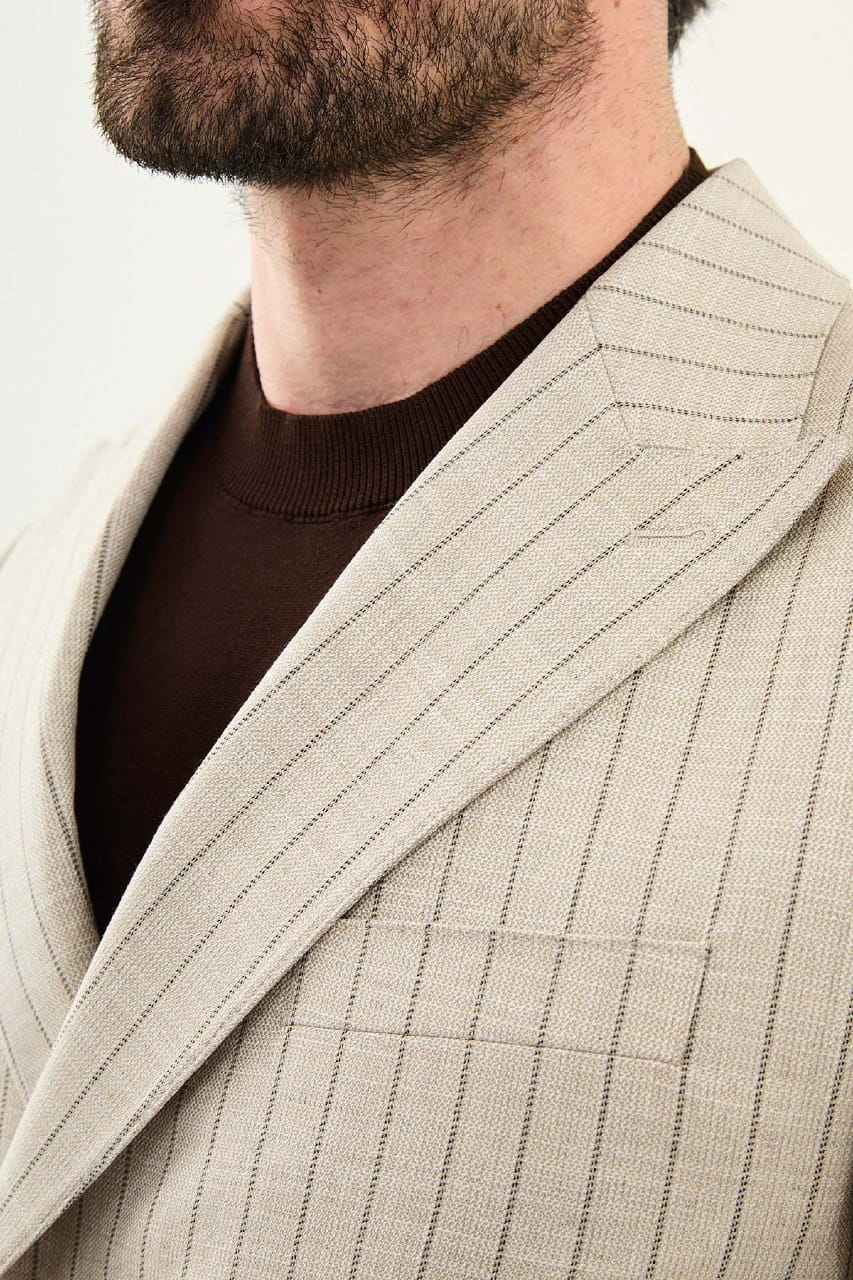 Beige Slim Fit Double Breasted Pinstripe Blazer