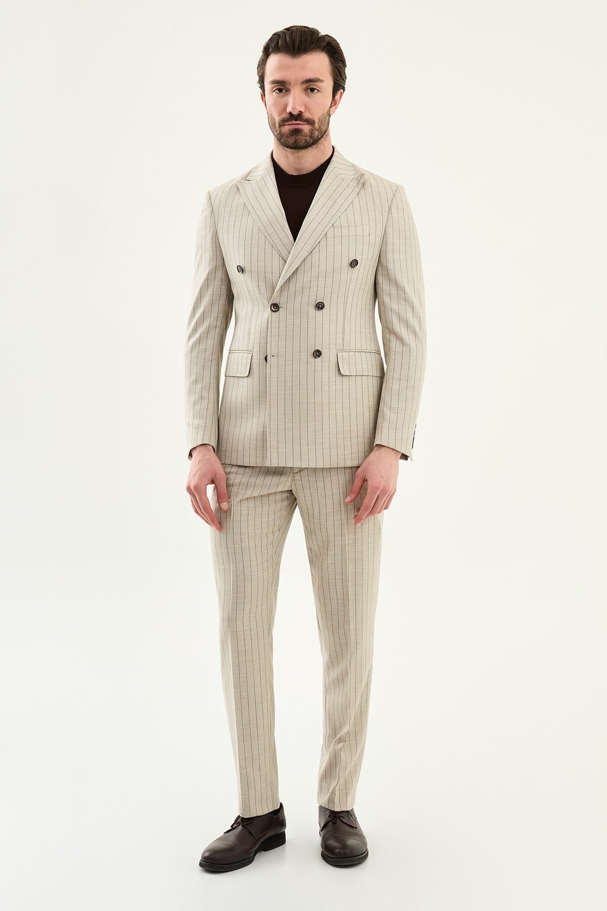 Beige Slim Fit Double Breasted Pinstripe Blazer