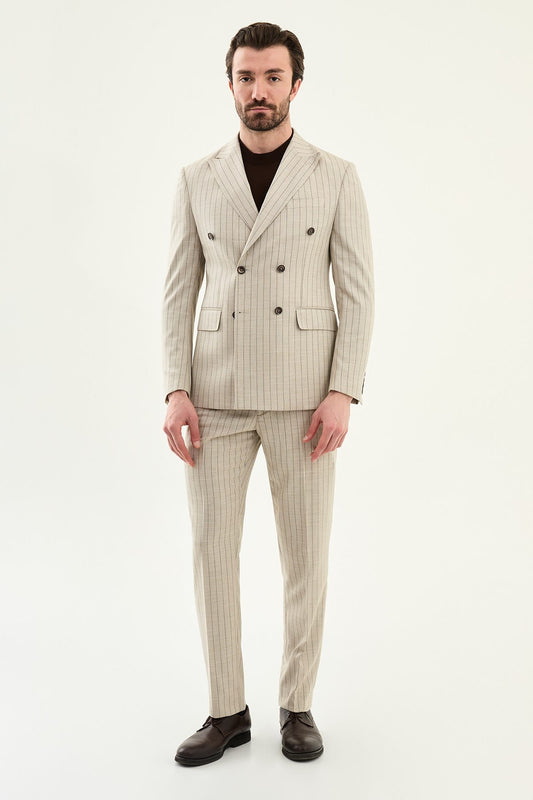 Beige Slim Fit Double Breasted Pinstripe Blazer