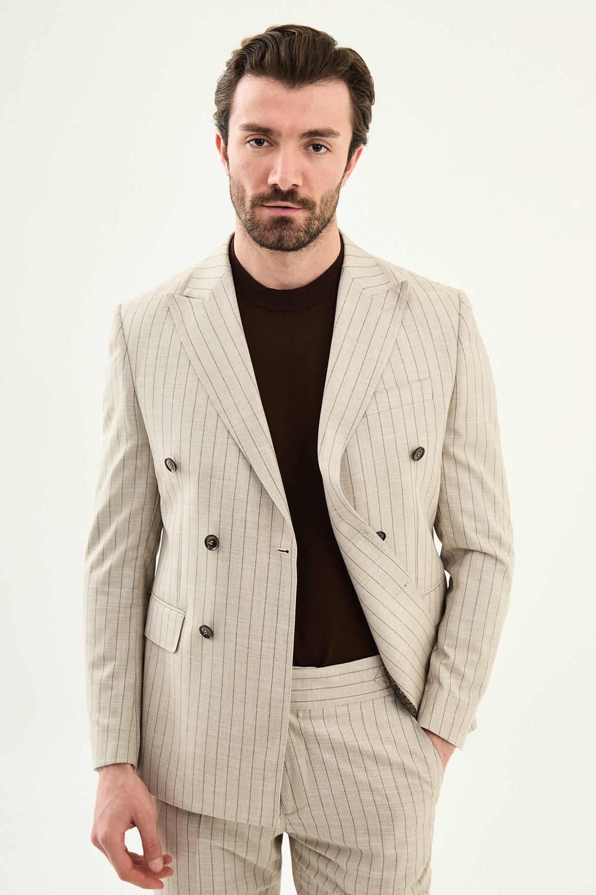 Beige Slim Fit Double Breasted Pinstripe Blazer