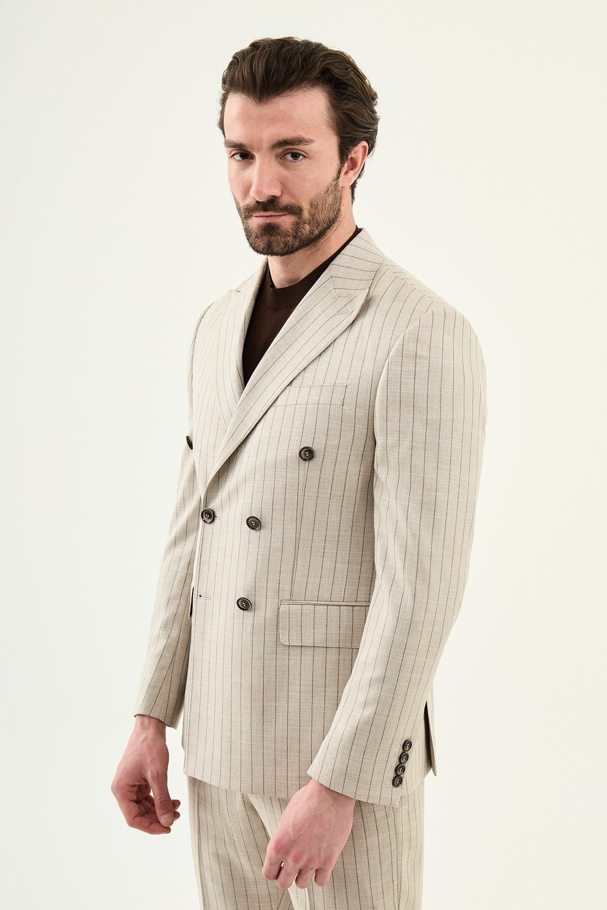 Beige Slim Fit Double Breasted Pinstripe Blazer