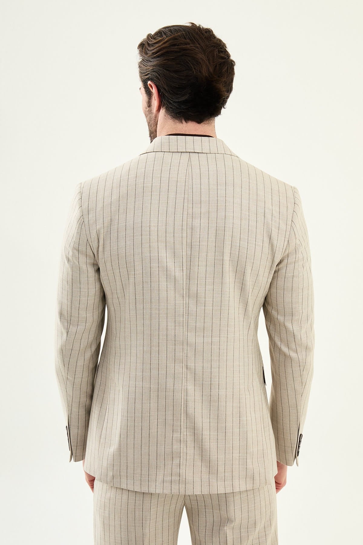 Beige Slim Fit Double Breasted Pinstripe Blazer