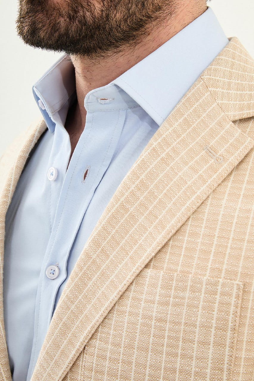 Beige slim fit pinstripe blazer product view 4