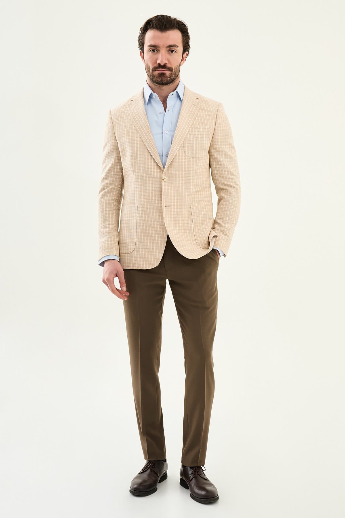 Beige slim fit pinstripe blazer product view 2