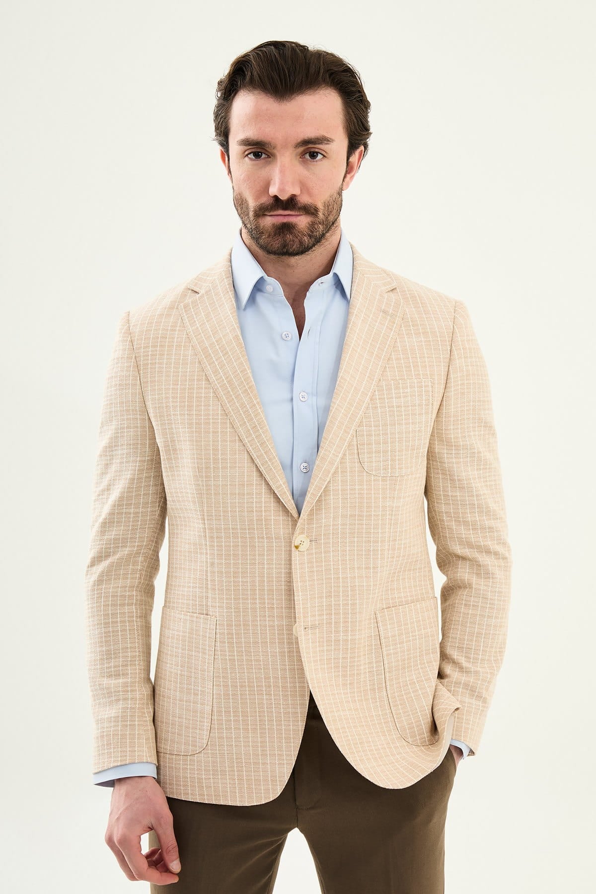 Beige slim fit pinstripe blazer product view 3