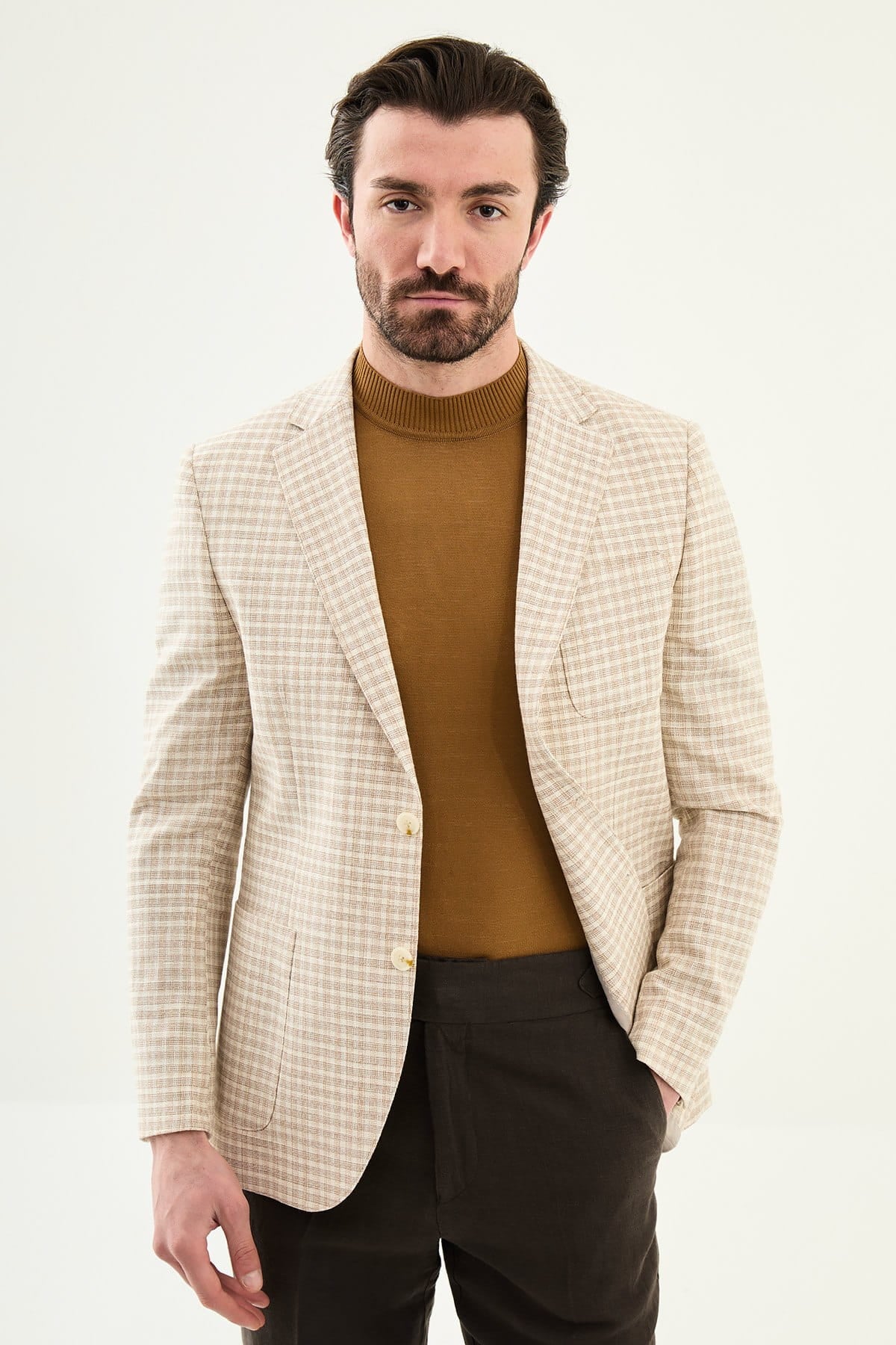 Beige Slim Fit Linen Blend Plaid Blazer