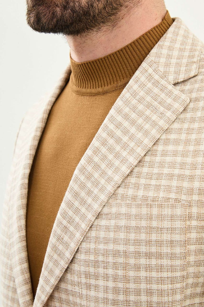 Beige Slim Fit Linen Blend Plaid Blazer