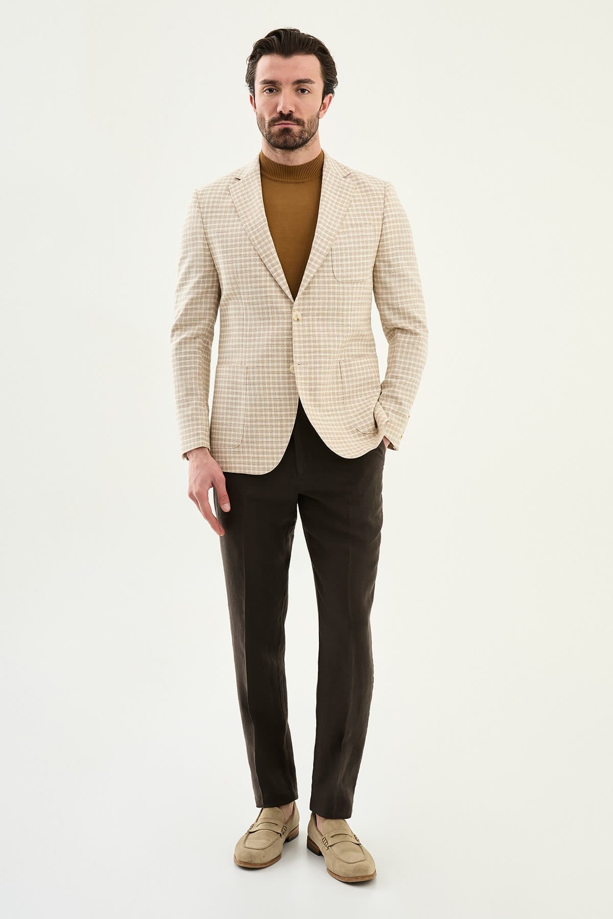 Beige Slim Fit Linen Blend Plaid Blazer