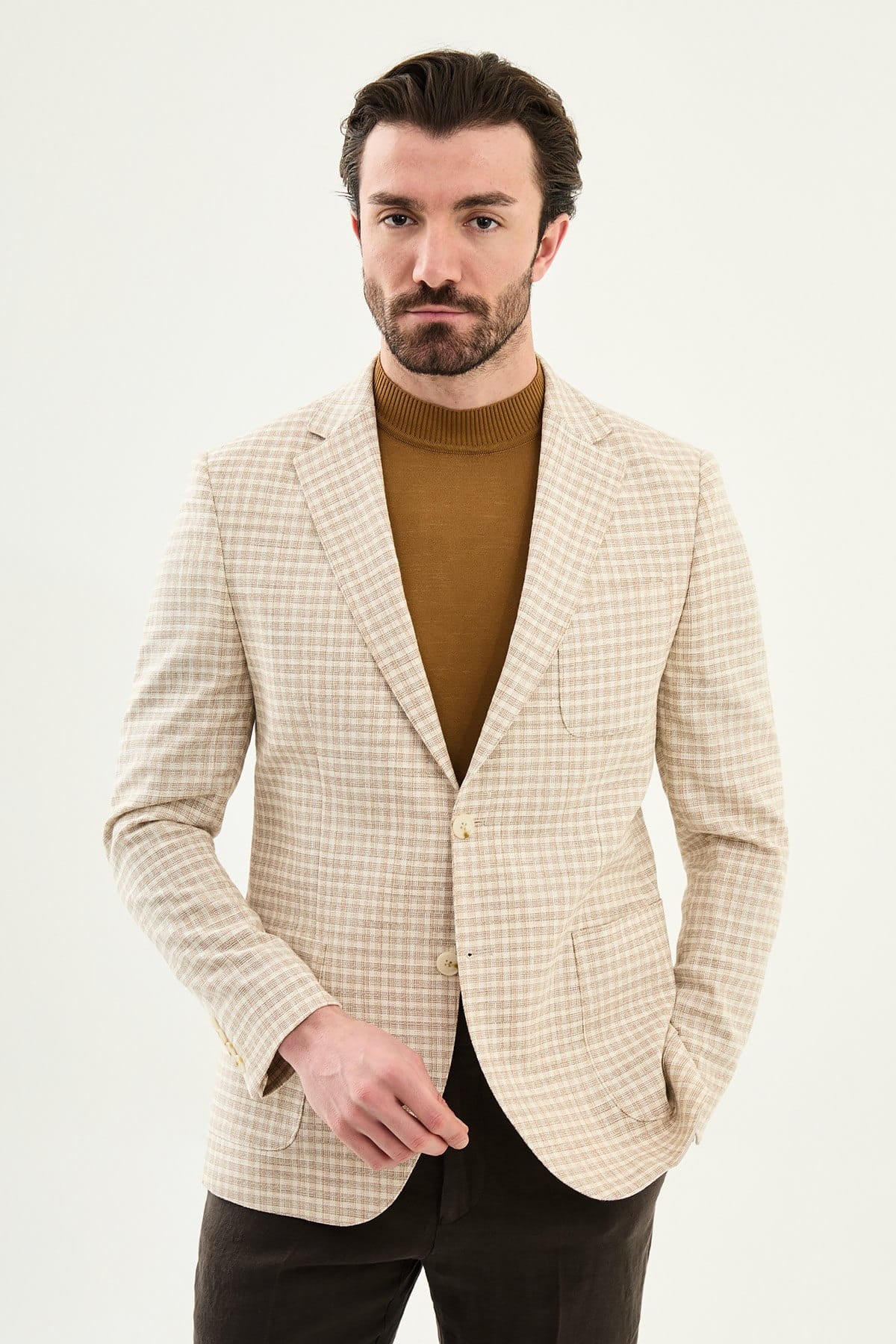 Beige Slim Fit Linen Blend Plaid Blazer