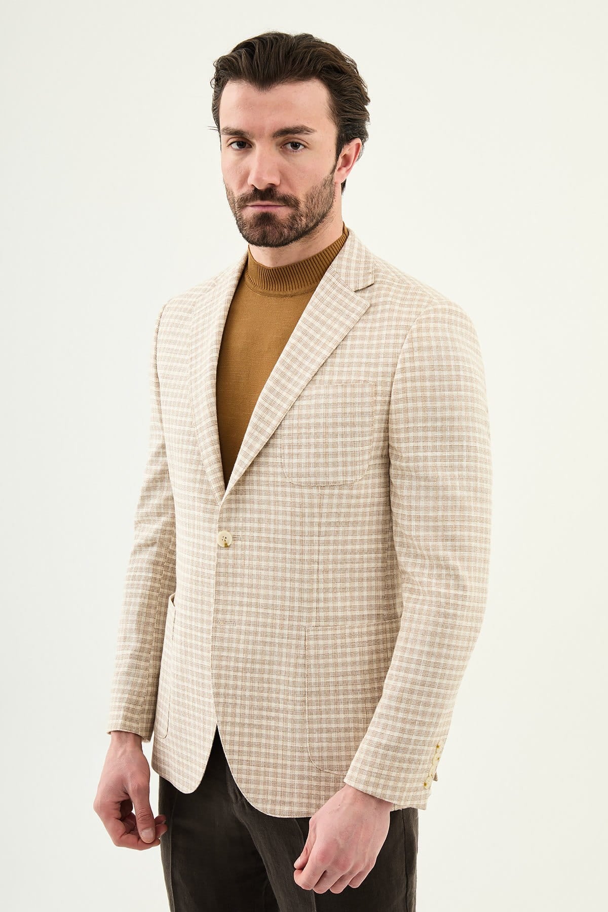 Beige Slim Fit Linen Blend Plaid Blazer