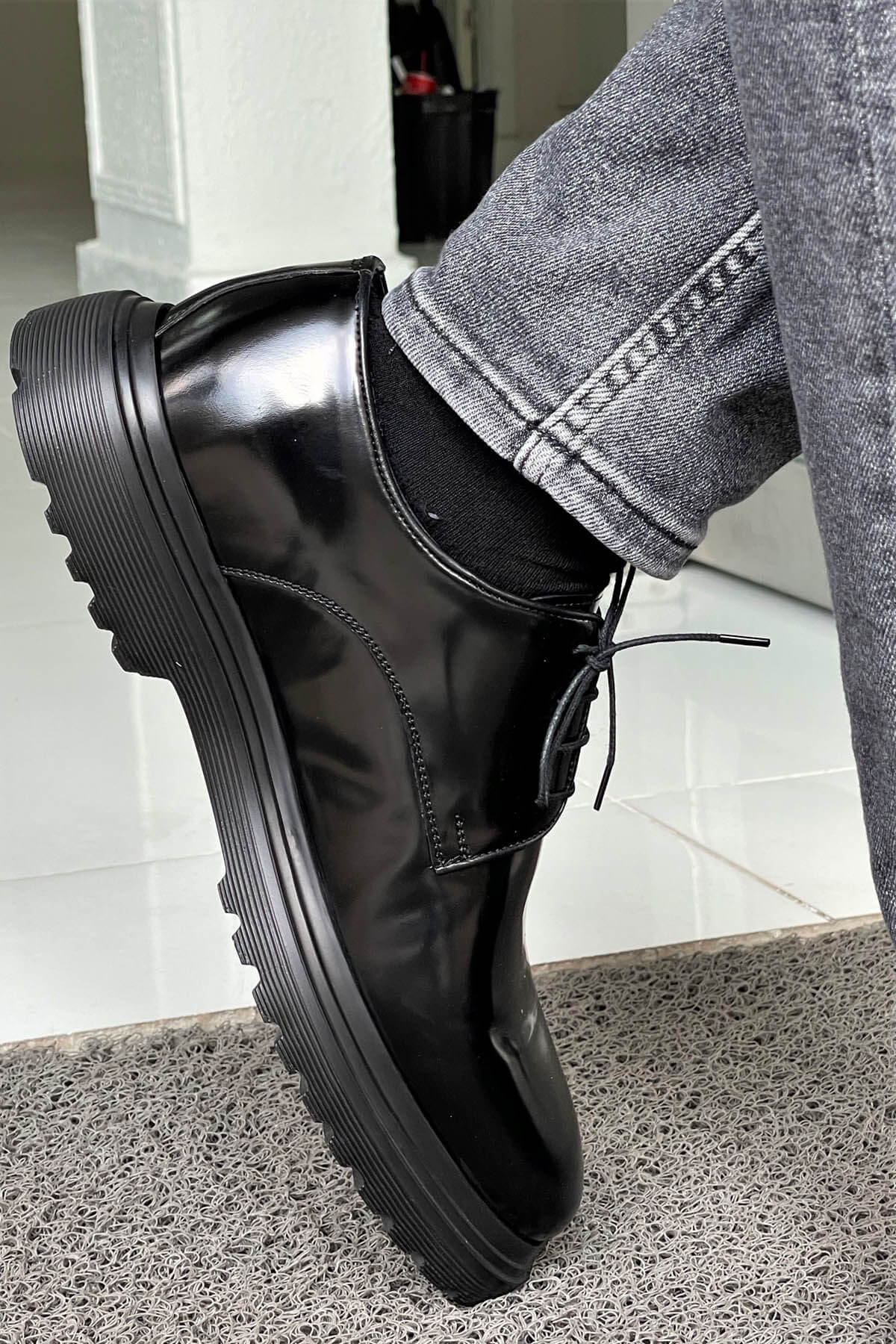 Black High-Shine Leather Derby Shoes with Chunky Sole