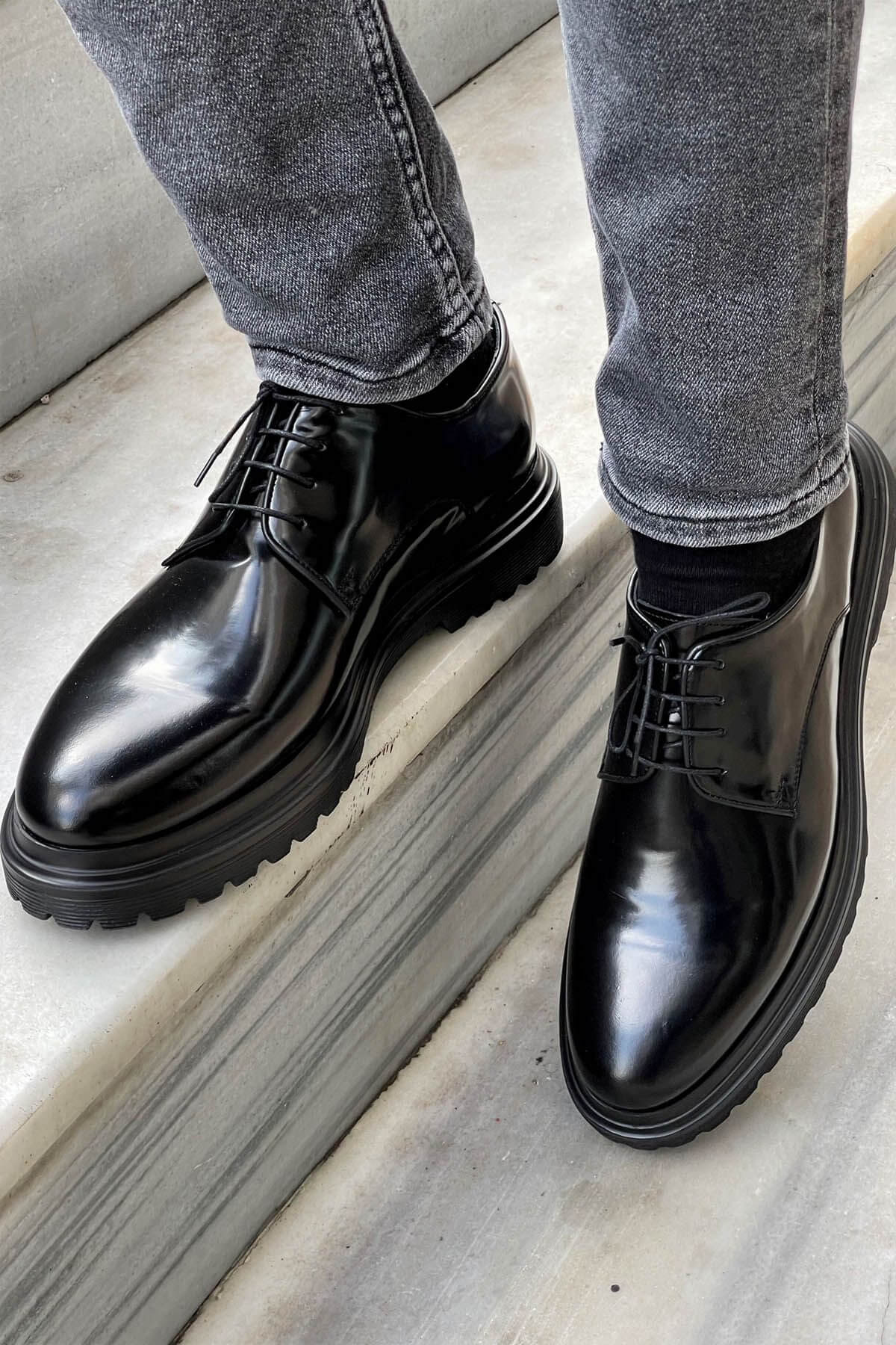 Black High-Shine Leather Derby Shoes with Chunky Sole