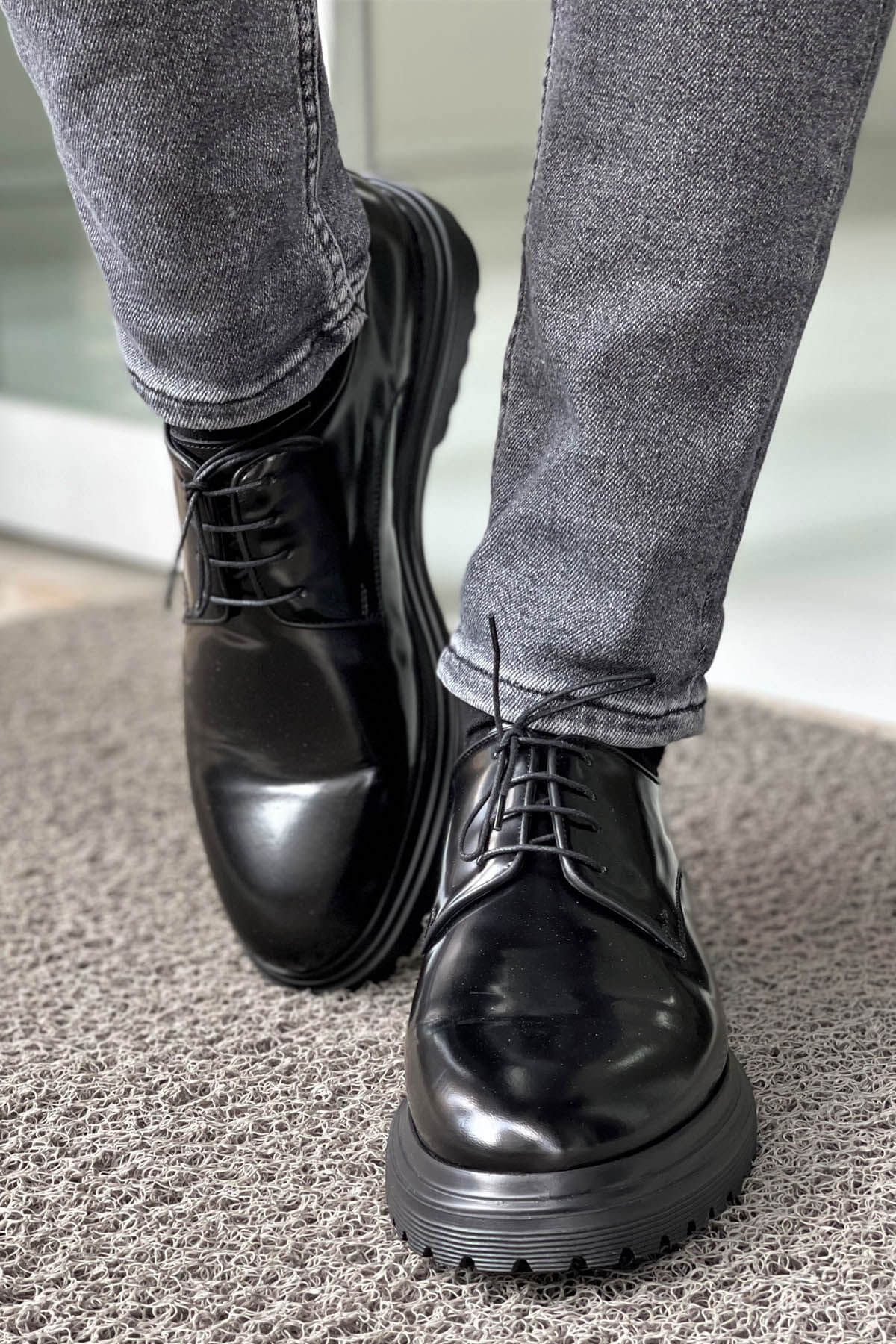 Black High-Shine Leather Derby Shoes with Chunky Sole